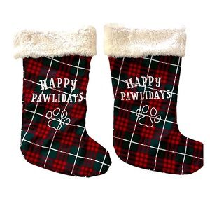 Happy Pawlidays X2 Holiday Stockings Red Green White Plaid Body Faux Fur